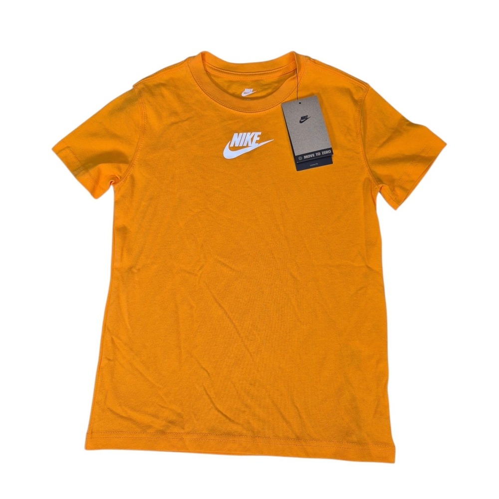 Nike Kids XS Orange Futura Logo Short Sleeve T-Shirt Loose Fit DX9540-836 NWT